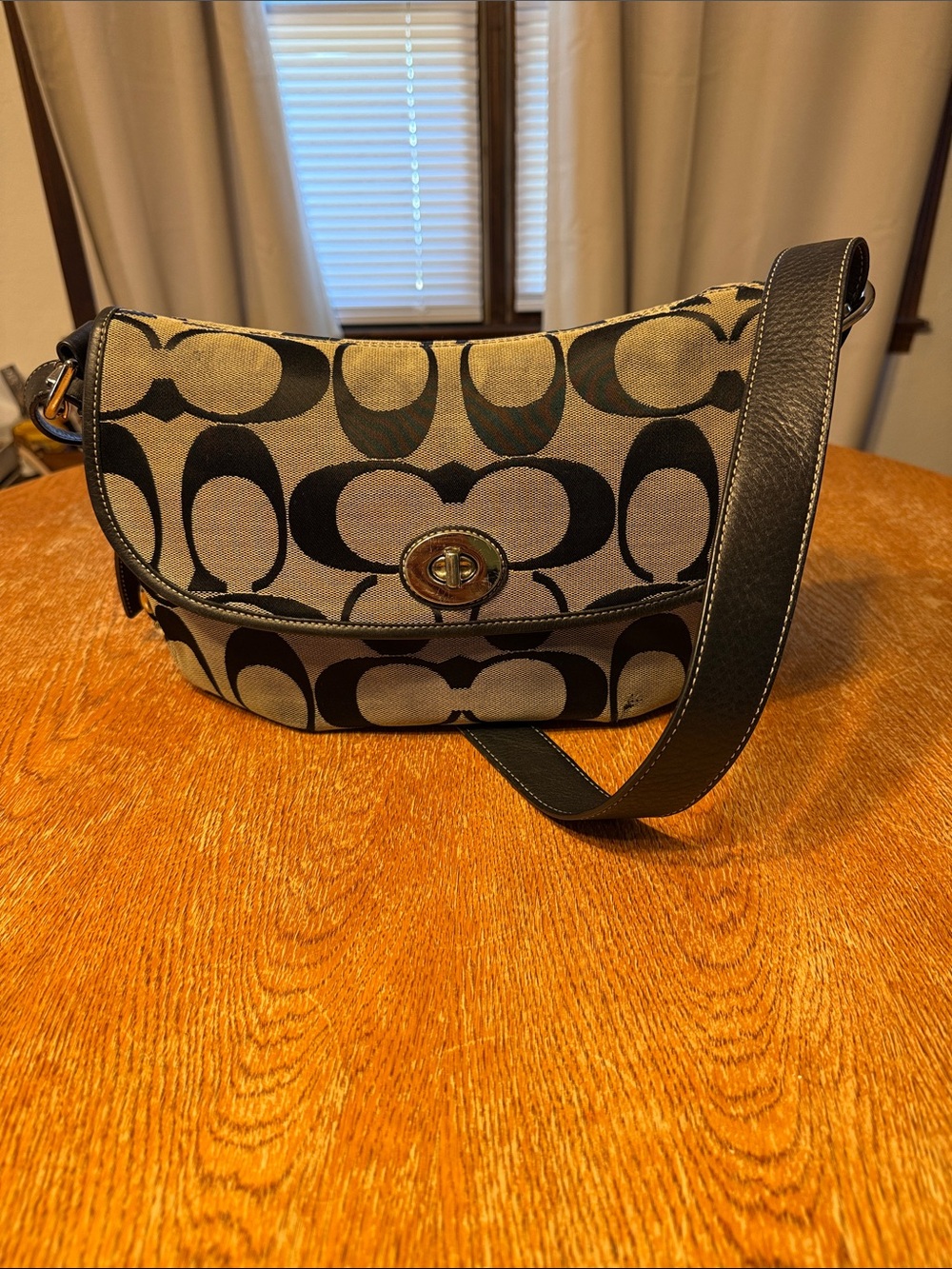 Coach Khaki Canvas Signature Turnlock Crossbody with Black Trim